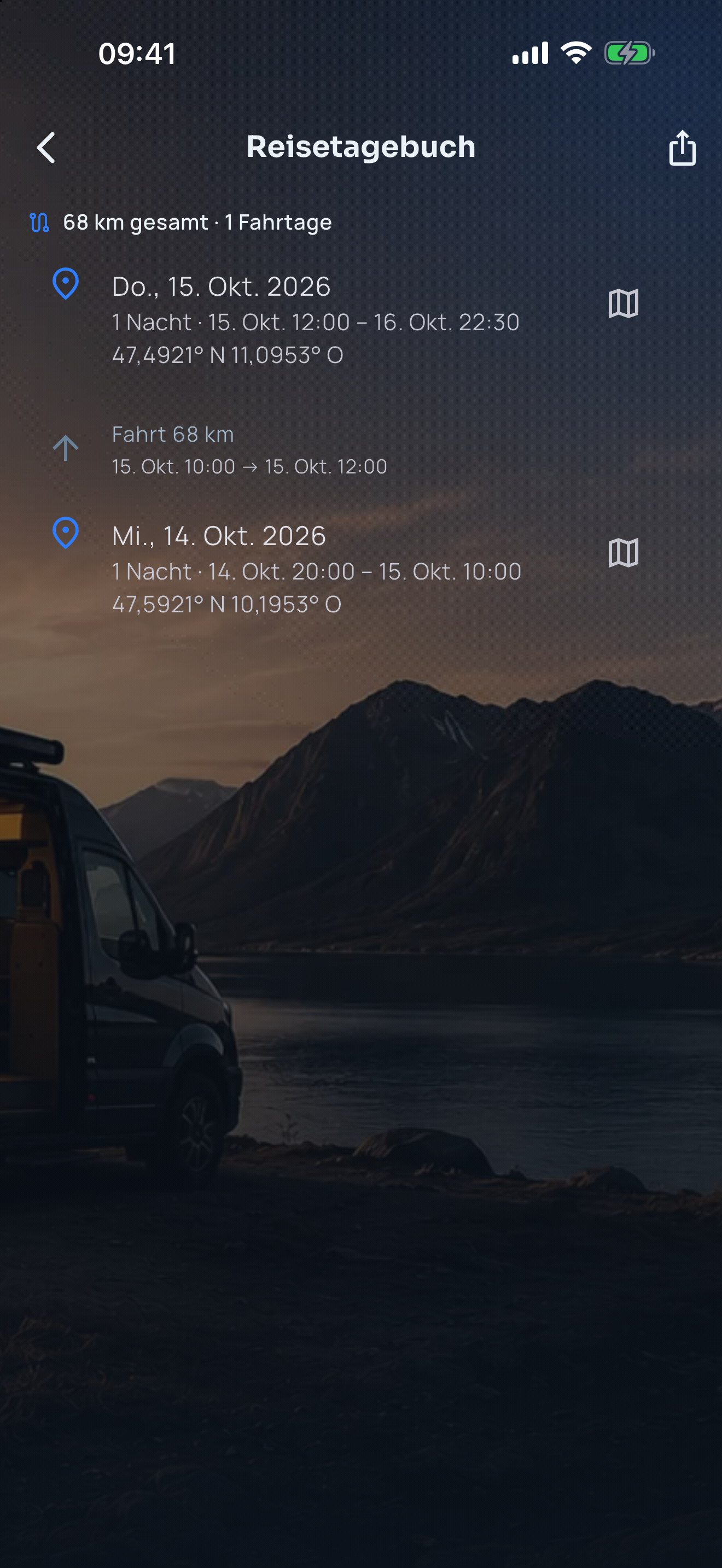 Reisetagebuch in der App: Stellplätze, Nächte und gefahrene Kilometer
